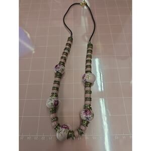 Vintage Porcelain Painted Pink Floral Beads And Brass Necklace Lovely
